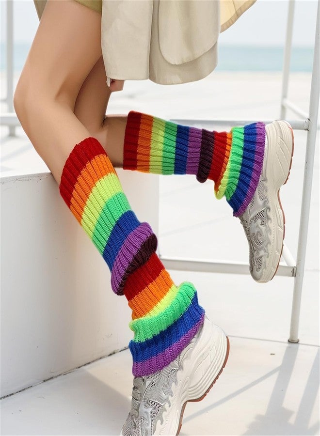 Insdark Y2k Harajuku Leg Warmers for Women Goth Rainbow Striped Knitted Rave Gothic Alt Punk Grunge Emo Knit Ice Skating Plus Size Legwarmers, Colorful Stripe Graphic, Multicolour - Image 3